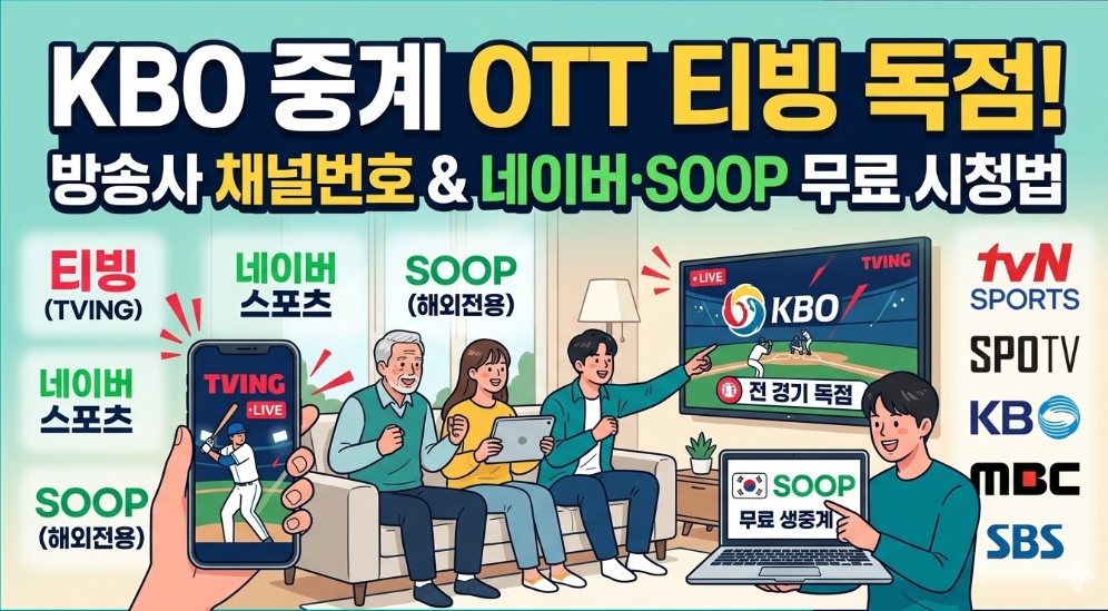 2026 KBO 중계 OTT 티빙 1350억 독점 가이드｜방송사 채널번호 및 네이버 무료 하이라이트 시청법 가이드