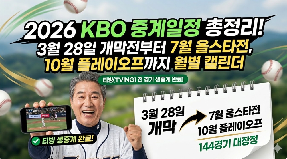 2026 KBO 중계일정 개막 3월 28일 및 올스타전 7월 11일｜티빙 주중 지상파 주말 월별 일정표 가이드